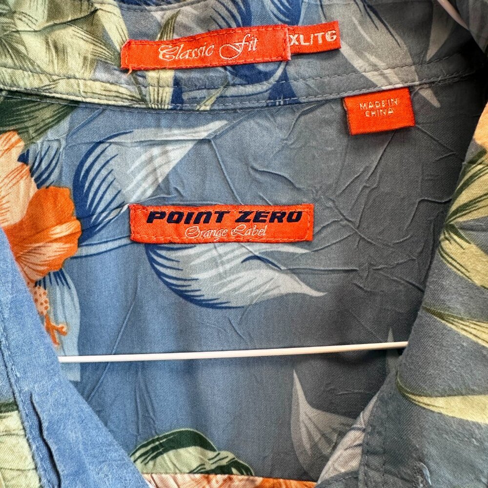 Vintage 90s-Y2K Point Zero Orange Label Hawaiian Shirt XL Blue Floral Hibiscus - Picture 3 of 7